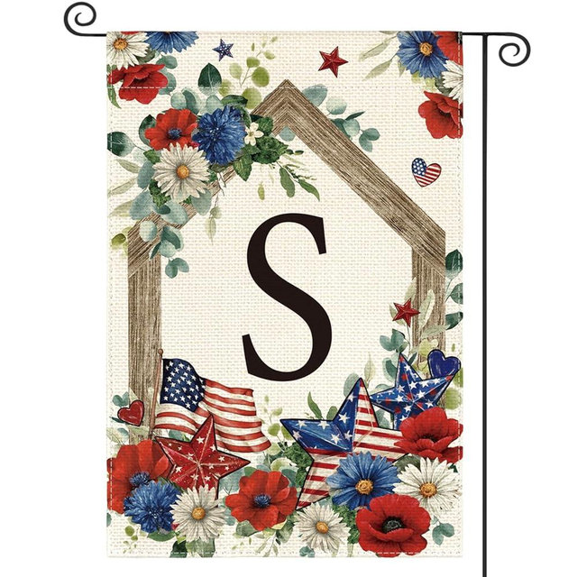 AVOIN colorlife Initial Letter S Monogram Patriotic Garden Flag 12x18 Inch Double Sided Outside, 4th of July Memorial Day Floral Family Last Name Yard Decoration