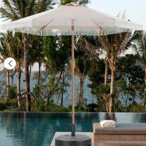 Ainfox 7.5 ft Boho Fringe Patio Umbrella,Waterproof Outdoor Tassels Umbrella for Deck, Table, Garden,Khaki