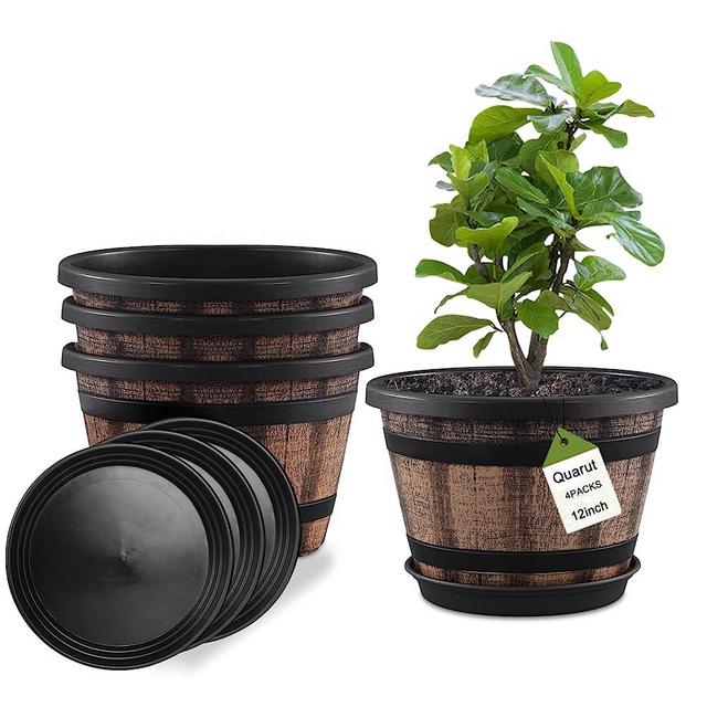 Plant Pots Set of 4 Pack 12 inch,Large Whiskey Barrel Planters with Drainage Holes & Saucer.Plastic Flower Pots Imitation Wine Barrel Design,Canbe for Indoor & Outdoor Garden Home Plants ( Brown)