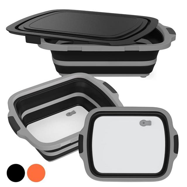2-Pack XL Collapsible BBQ Prep Tub with Locking Clips, Built-In Cutting Board, Lid & Strainer – Marinate, Drain & Prep – Large Food-Safe Container – Perfect for Grilling & Smoking