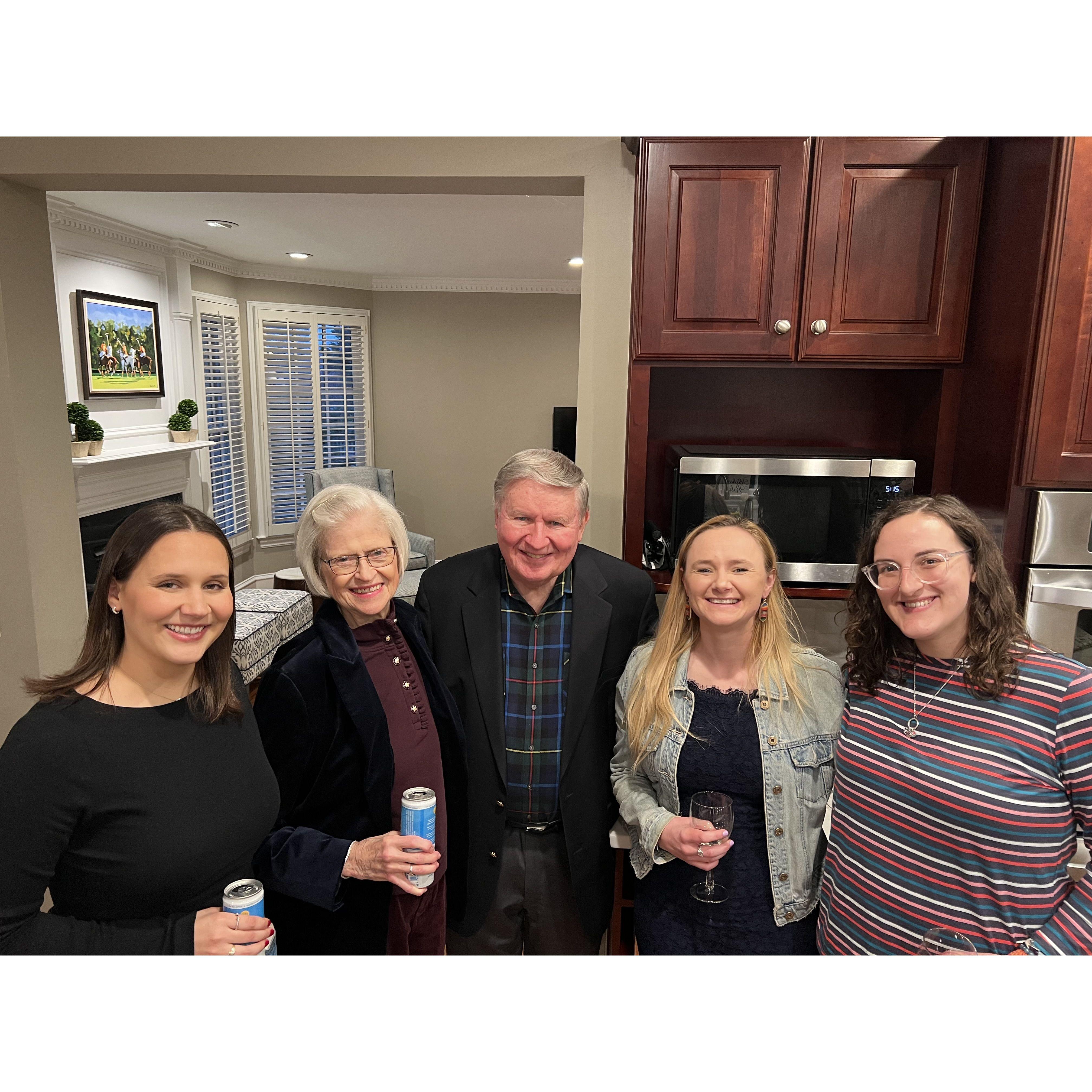 Cousin Eileen Evans, Aunt Honour and Uncle Mike Fleming, Claire, and Bridesmaid Jessie at Abby McCarthy's Engagement party Feb 2025