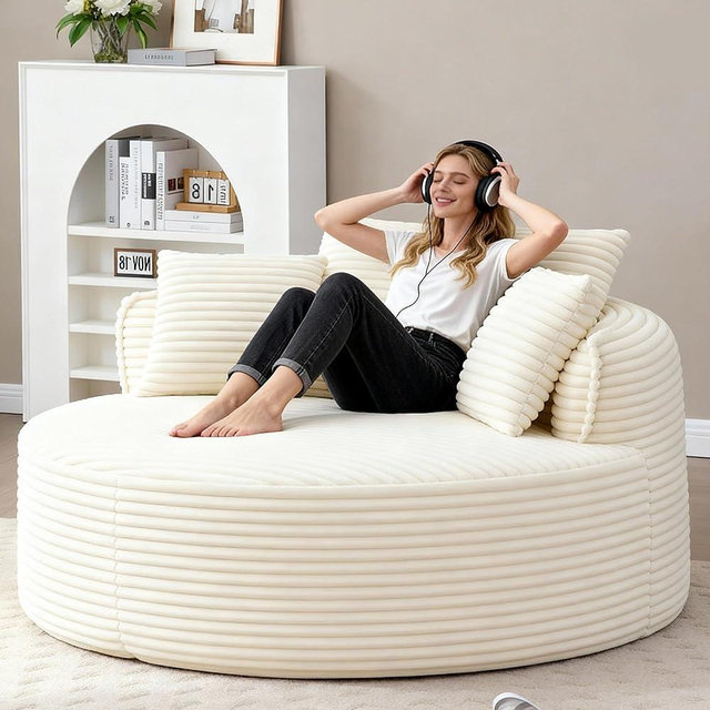XOCN Oversized Round Chair Lounge Chaise Indoor, 53.5" Corduroy Boneless Round Chair, Fluffy Single Deep Seat Cloud Sofa Chairs, Modern Circle Chaise Lounge for Bedroom, Living Room, Beige White