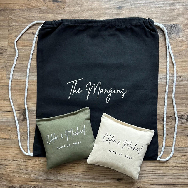 Cornhole Drawstring Backpack Bean Bag Holder Customized Bag Bride and Groom Gift Cotton Canvas Large Case Black and White Text