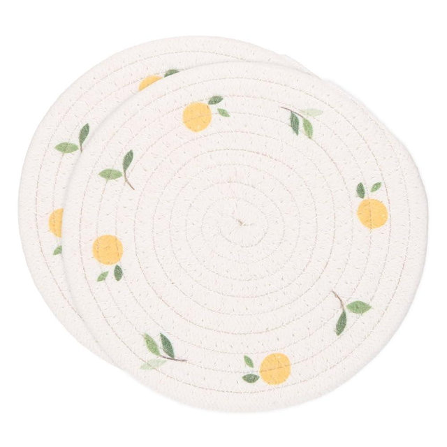 uxcell Round Placemats Set of 2, 7.1 Inch Cotton Rope Braided Place Mats, Heat Resistant Woven Table Placemats, for Home Wedding Holiday Party, Lemon Pattern