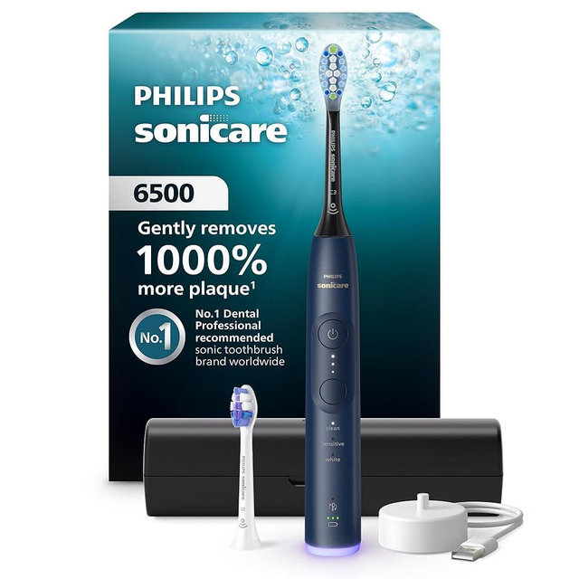 Philips Sonicare 6500 Series Electric Toothbrush - Next-Generation Sonicare Technology, Pressure Sensor, 9 Brushing Settings, SmarTimer, BrushPacer, 21-Day Runtime, Travel Case, Navy Blue, HX7413/07