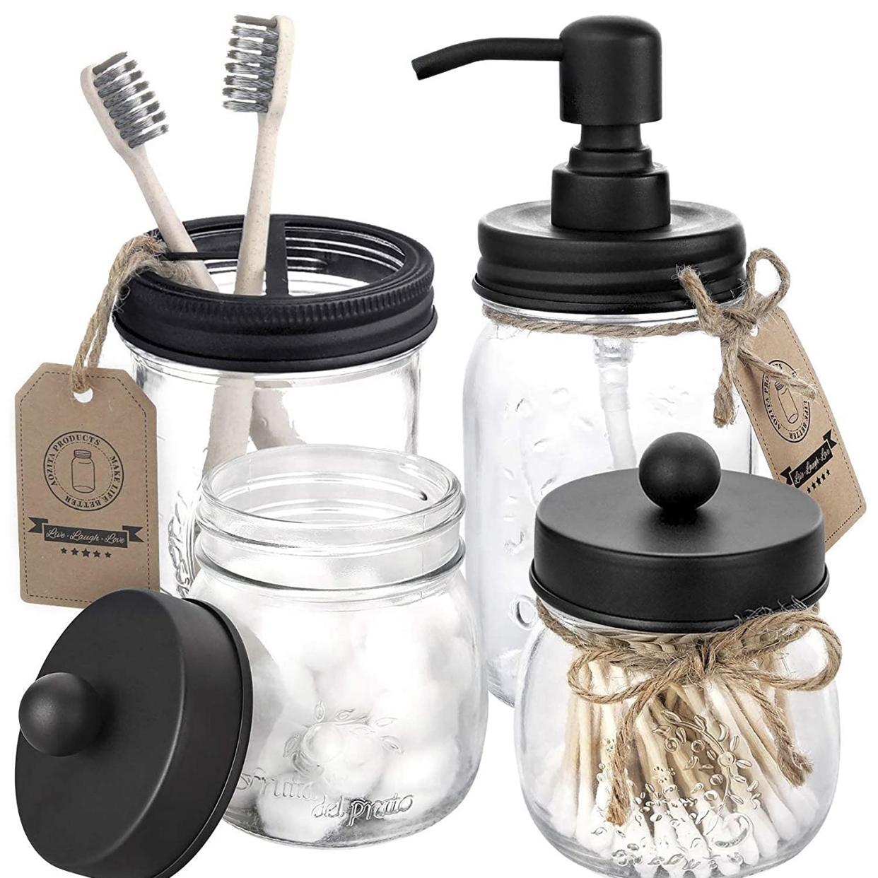 Mason Jar Bathroom Accessories Set 4 Pcs - Mason Jar Soap Dispenser & 2 Apothecary Jars & Toothbrush Holder - Rustic Farmhouse Decor, Bathroom Home Decor Clearance, Countertop Vanity Organize - Black