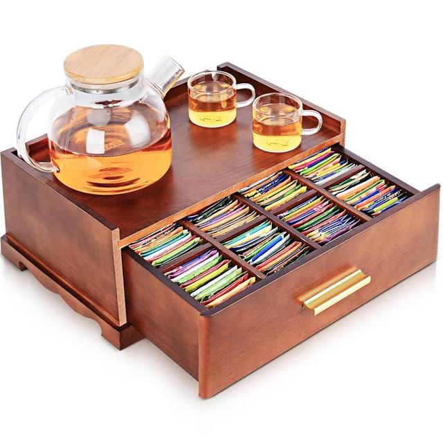 Essenya Tea Bag Organizer, Tea Organizers and Storage, Tea Box Organizer Storage Box, Tea Station Organizer for Countertop, Tea Caddy for Wood Tea Holder Organizers for Removable Drawer (Brown)