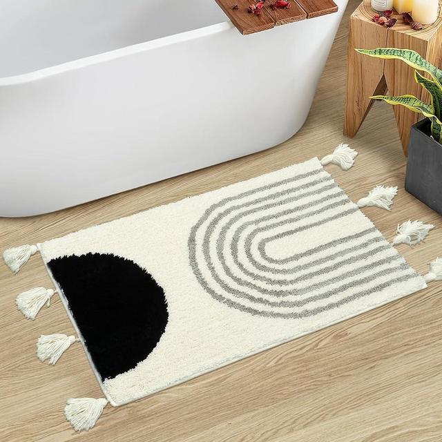 Seavish Bath Mats for Bathroom Non Slip 20"x32" Small Black Bath Mat with Tassels Boho Farmhouse Bathroom Rug Washable Neutral Cream Bathroom Floor Mat for College Dorm Room Decor
