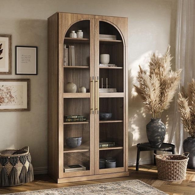 BELLEZE 67" Tall Glass Display Cabinet, Modern Wood Curio Cabinet Bookcase with Adjustable Storage Shelves, 6-Tier Trophy Showcase Display for Living Room - Camel