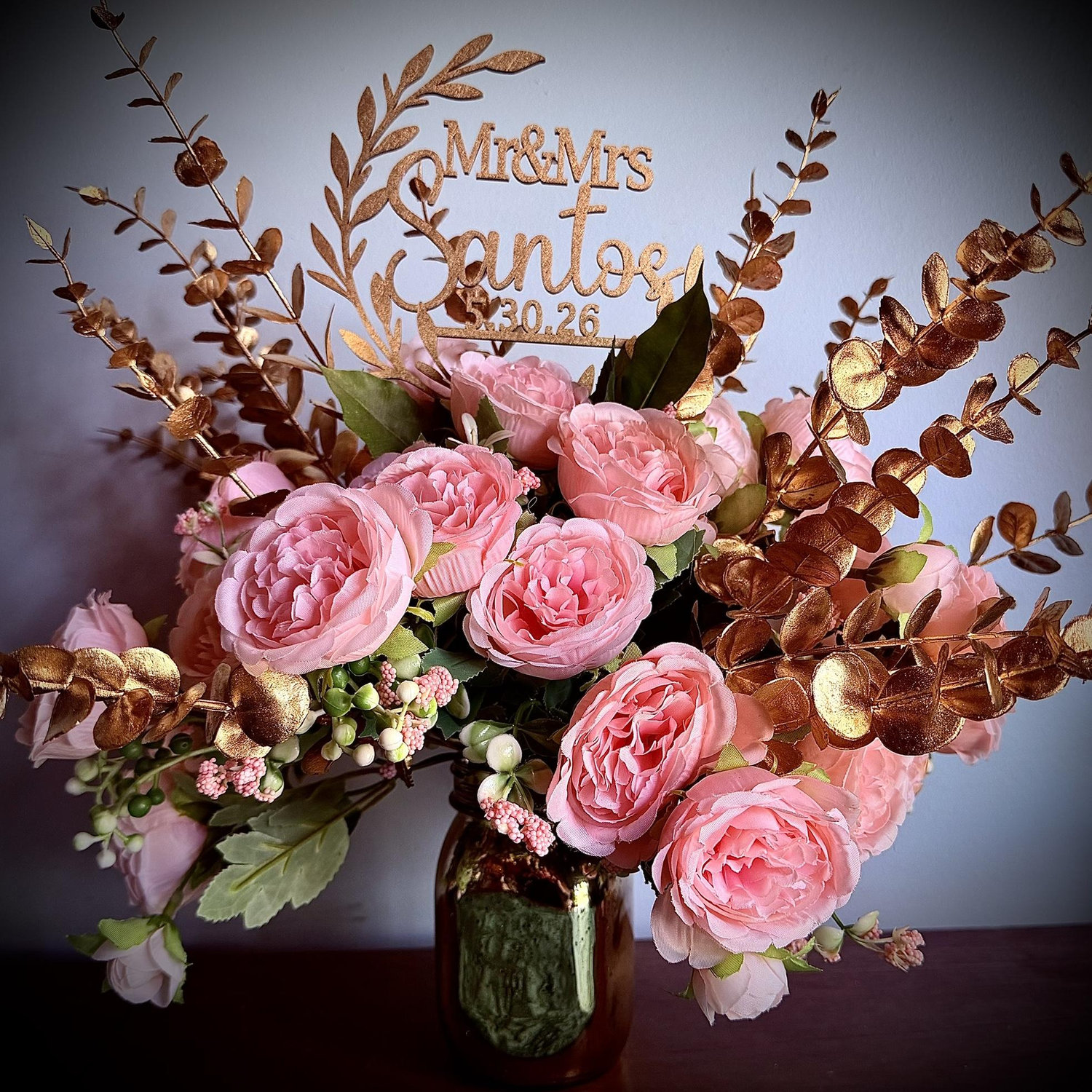 My cake topper became lost on the wedding day before we could use it. Luckily I found it, two days later. So I took all the peonies and made a bouquet for my topper instead!