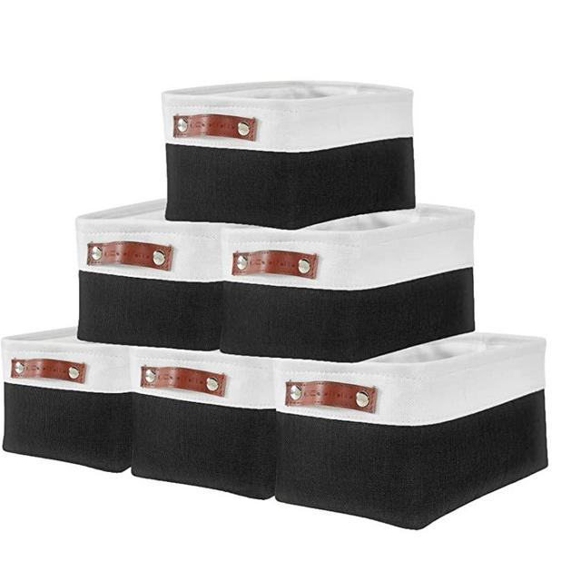 DECOMOMO Small Baskets | Storage Baskets for Organizing Shelves Linen Closet Bathroom Baby Cloth Nursery Fabric Bulk Decorative Empty Baskets for Gifts (Black and White, Small - 6 Pack)
