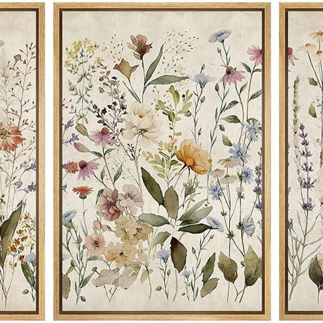 MUDECOR Framed Wall Art Print Set Blooming Wildflowers Illustrations Modern Art Decorative Colorful Chic for Living Room, Bedroom, Office - 16"x24"x3 NATURAL
