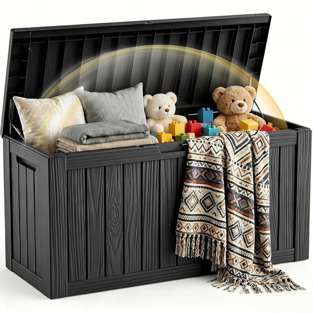EFU Outdoor Storage Box 120 Gallon Deck Box (Indoor & Outdoor) Lockable UV Resistance Waterproof Resin Storage Bin Storage Box for Outdoor,Patio Storage With Support Rod(Black)