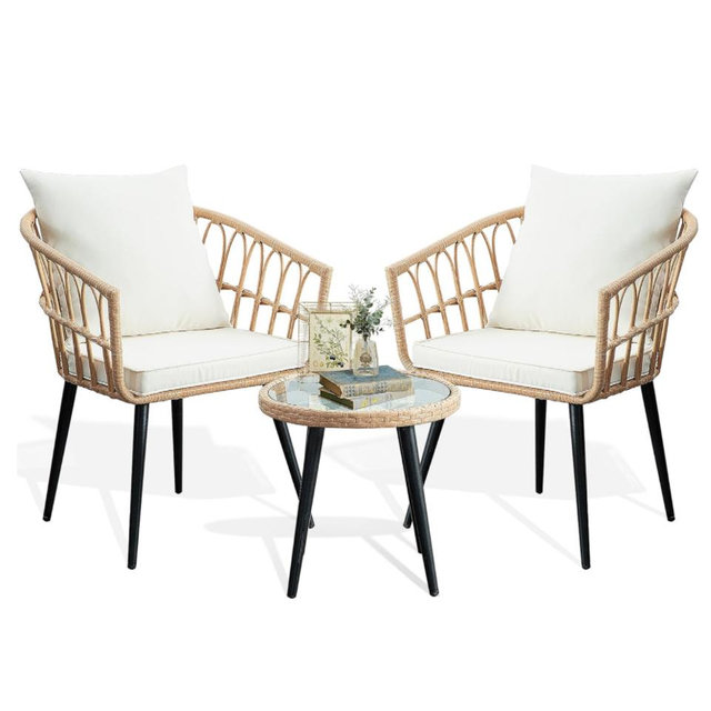 PORWEY 3 Piece Patio Bistro Set, Outdoor Wicker Apartment Balcony Furniture Sets, Rattan Table and Chairs Set of 2 for Porch Backyard Lawn Poolside Deck, Beige