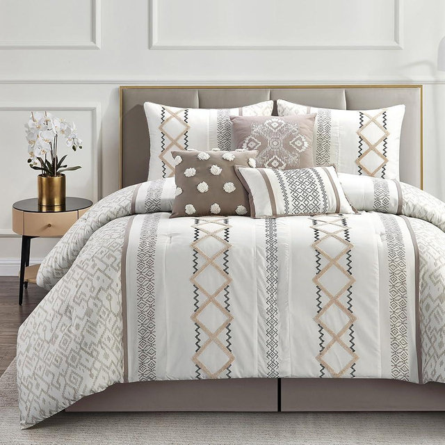 LANCO MODERN LIFESTYLE Taupe Queen Comforter Set, 7 Pieces All Season Bedding Sets in a Bag with Geometric Terry Embroidered Comforter, Bed Skirt, Pillow Shams and Decorative Pillows