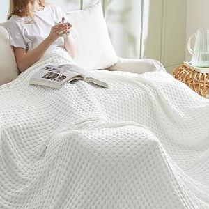 Bedsure Cooling Cotton Waffle Oversized King Blanket - Lightweight Breathable Blankets Rayon Derived from Bamboo for Hot Sleepers, Luxury Throws for Bed and Sofa, Ivory, 120x96 Inches
