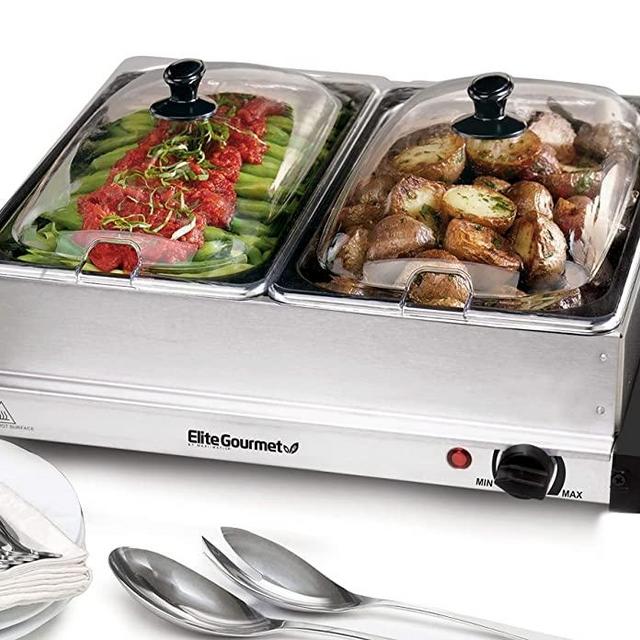 Elite Gourmet EWM-6122# 5 Quart Dual Buffet Server Food Warmer, Temperature Control, Clear Slotted Lids, Perfect for Parties, Entertaining & Holidays, 2 x 2.5Qt