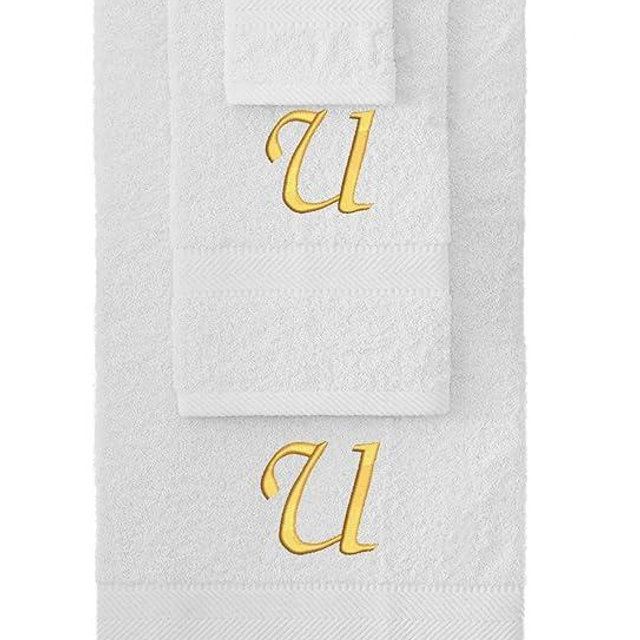 BY LORA Custom Embroidered Terry Cotton Ring Spun Bath Towel, Hand Towel and Washcloth Set - White Towel Set, Gold Chancery Initial U