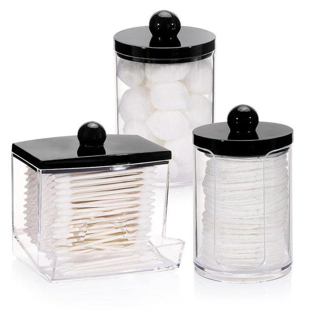 Tbestmax 3 Pack Qtips Holder Dispenser - Bathroom Organizers and Storage Containers, Plastic Apothecary Jars with Black Lids for Cotton Swab, Cotton Round Pads, Floss