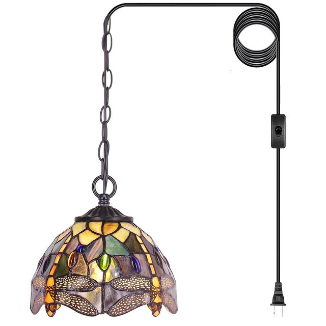 SYETL Small Tiffany Pendant Light Stained Glass Plug in Hanging Lamp 8 Inch Adjustable Height Hanging Chandelier Pendant Fixture for Home Kitchen Island Dining Room (Brown Yellow Dragonfly Style)