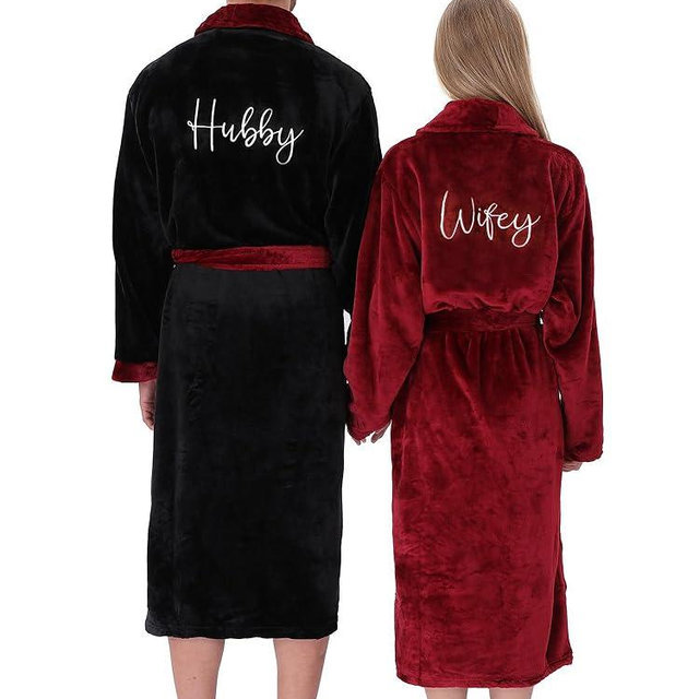 Jecery 2 Pack His and Hers Robes Gifts Hubby Wifey Flannel Embroidered Matching Robes Anniversary Wedding Gifts for Couples