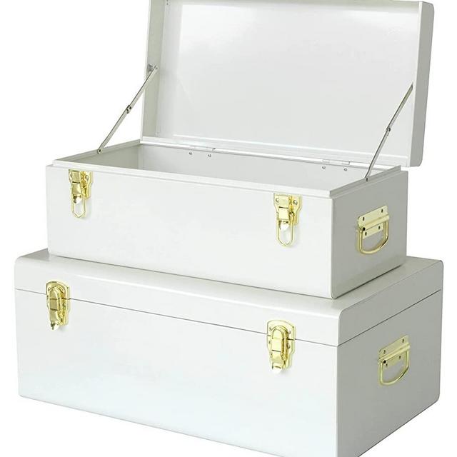 Vixdonos Metal Trunk Decorative Storage Box Set of 2 College Dorm Chest with Handle (White)