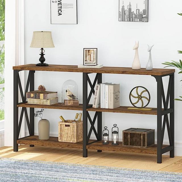IBF Rustic Console Table for Entryway, Farmhouse Wood Sofa Table with Storage, Industrial Open Entry Table for Hallway, Modern Foyer Tables Behind Couch Shelf for Home Living Room, Rustic Brown, 55 In