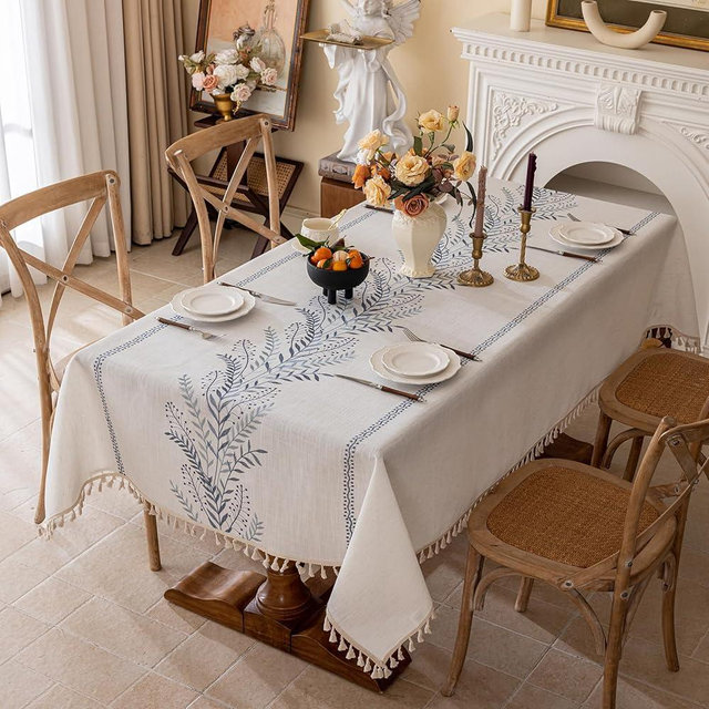 Joyfol Day Rustic Waterproof Linen Tablecloth, Heavy Weight Fern Embroidery Table Cloths for Rectangle Tables, Farmhouse Spill-Proof Table Covers with Tassels, Blue 55''x 102''