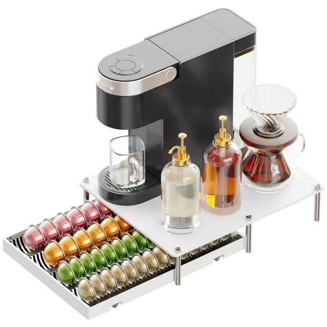 SpaceAid Bamboo Coffee Pod Holder Drawer, Large Capacity Storage Compatible with Nespresso Vertuo Capsules, Holds 40 Big or 56 Small Pods, White