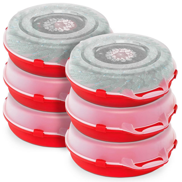 Homz 24'' Stackable and Nestable Holiday Wreath Plastic Storage Containers with Secure Latching Lid and Easy Grip Handle, Red/Clear