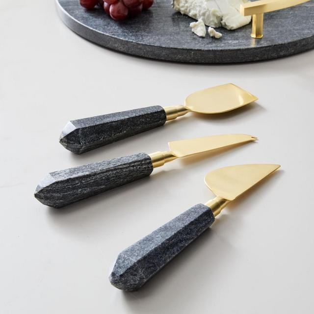 Metal & Marble Cheese Knives, Polished Brass, Set of 3