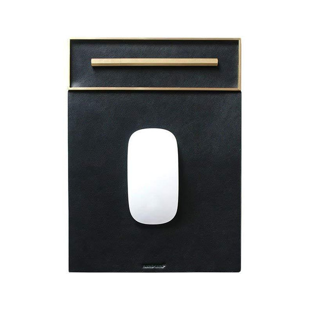 russell+hazel Vegan Leather Mousepad with Accessory Tray, Black with Brass, 7.75” x 11”,43107