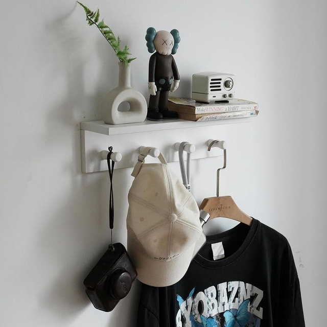 XAOMLP Entrance Coat Rack ，Coat Hooks, Wall-Mounted Wooden Hook Rack, Wall-Mounted Shelves are Very Suitable (White Finish-1)