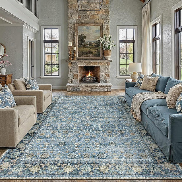 HUGEAR 8x10 Machine Washable Rugs Light Blue Hallway Large Area Rug Indoor Accent Rug Floral Low Pile Carpet Soft Throw Aesthetic Rug Bedroom Living Room Office Dining Room Kitchen Laundry Room