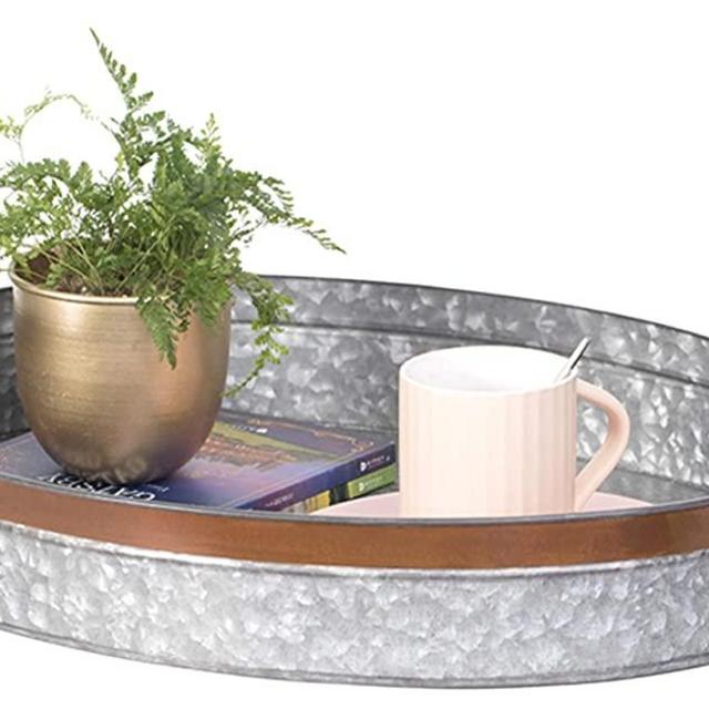 Vintiquewise QI003485.M Galvanized Metal Oval Serving Tray with Handles, Medium, Rustic Gray