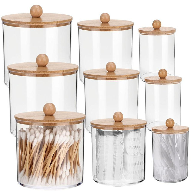 Meanplan 9 Pack Plastic Apothecary Jars with Lids Acrylic Holder Dispenser for Bathroom, 10/22/39 oz Clear Plastic Storage Jars Floss Container for Swab Cotton Ball, 3 Sizes (Wooden Lid)