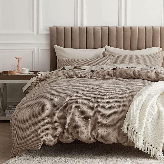 Bedsure Cotton Duvet Cover Set - 100% Cotton Waffle Weave Khaki Duvet Cover Califonia King Size, Soft and Breathable Califonia King Tan Duvet Cover Set for All Season (Cal King, 104x98'')