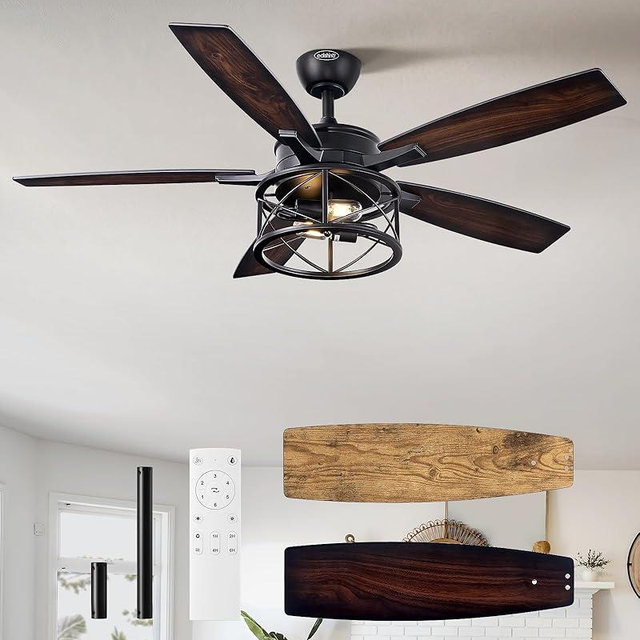 EDISHINE 52 Inch Farmhouse Ceiling Fans with Lights, Remote Control, 5 Wooden Blades, Dimmable, Timer, 6 Speeds Reversible DC Motor, Rustic Lighting & Ceiling Fan for Bedroom Living Room, UL Listed