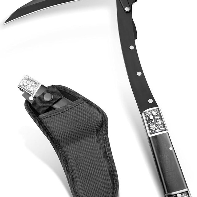 VALHALLA Folding Sickle, Black Sharp Folding Scythe with 2 Sections, Hand Sickle Knife Wooden Handle, Portable Safety Folding Sickle Knife with Sheath