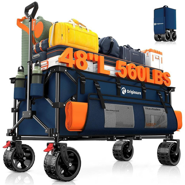 48" L Collapsible Wagon Cart Foldable, 560LB Weight Capacity 300L Heavy Duty Folding Beach Wagons with Big All-Terrain Wheels, Utility Carts for Groceries, Shopping, Camping, Sports - Blue