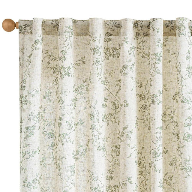 Lazzzy Linen Farmhouse Curtains Green Floral Curtains 63 Inch Length Back Tab Drapes for Living Room Bedroom Light Filtering Country Vintage Rod Pocket Curtain, 2 Panels, Green on Beige