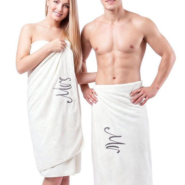 SmoothNovelty 2 Pcs Mr and Mrs Bath Towels for Couples, 40 x 80 Inches Polyester Fleece Embroidered Bathroom Towels Extra Large Bath Sheets for Wedding, Honeymoon Gifts(Cream)