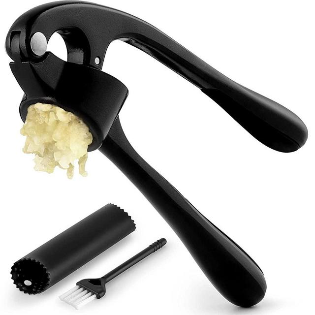 Zulay Kitchen Premium Garlic Press with Soft, Easy to Squeeze Handle - Includes Silicone Garlic Peeler & Cleaning Brush - 3 Piece Garlic Mincer Tool - Sturdy Easy to Clean Garlic Crusher (Black)