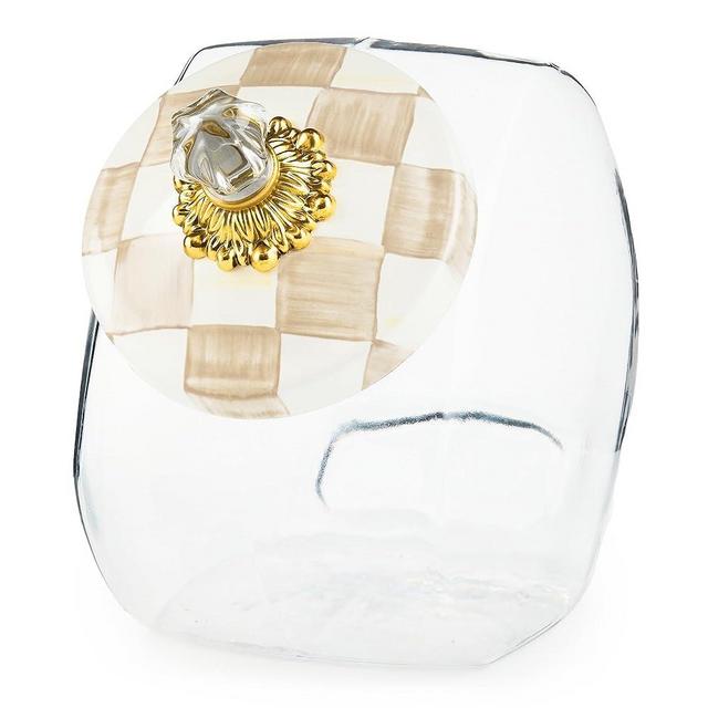 MACKENZIE-CHILDS Cookie Jar with Enamel Lid, Large Glass Treat Jar or Kitchen Jar, 1-Gallon Capacity, Brown-and-White Mocha Check
