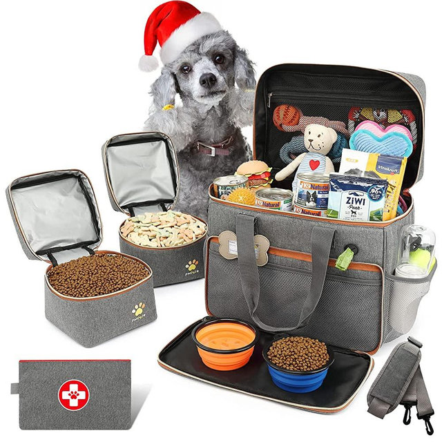 Pmpete Dog Travel Bag Airline Approved| Week Away/Overnight Accessories Tote Organizer with Multi-Function Pockets|Pet Travel Set for Dog and Cat|2 Collapsible Dog Travel Bowls
