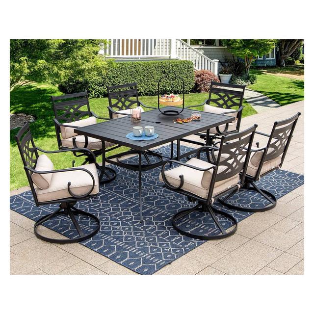 7pc Outdoor Dining Set with Swivel Chairs with Cushions & Steel Table with Umbrella Hole - Captiva Designs
