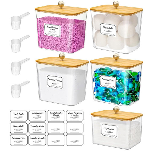 Lifewit Laundry Pods Container with Lid, Dryer Sheet Holder, Room Organization Storage for Coffee Pods Kcup Washing Powder, Scent Booster Beads, 2600 +2000ml/0.53+0.7gal，Natural,5 Pcs