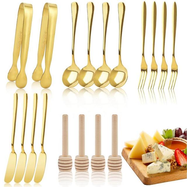 Jutieuo 18 Pieces Charcuterie Board Accessories Stainless Steel Cheese Butter Spreader Knives Set Include Mini Serving Tongs, Knives, Spoons, Forks, Honey Dippers for Party Wedding Christmas(Gold)