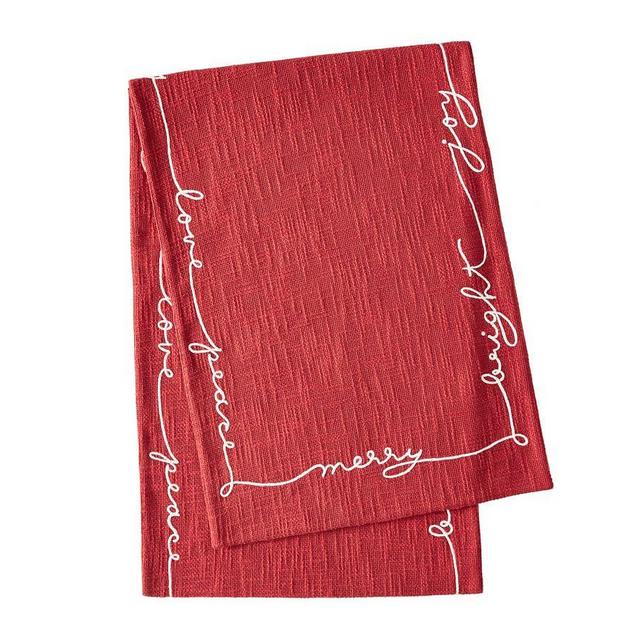 Merry, Bright, Joy Embroidered Cotton Table Runner - Red