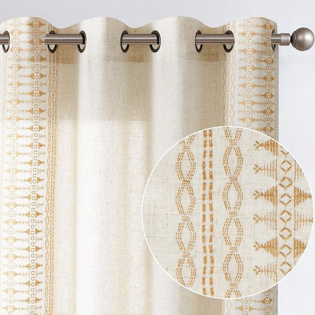 jinchan Boho Curtains Embroidered Window Curtains for Bedroom Linen Curtains Geometry Grommet Bohemian Window Treatment Set for Living Room 84 Inches Long 2 Panels Gold on Beige